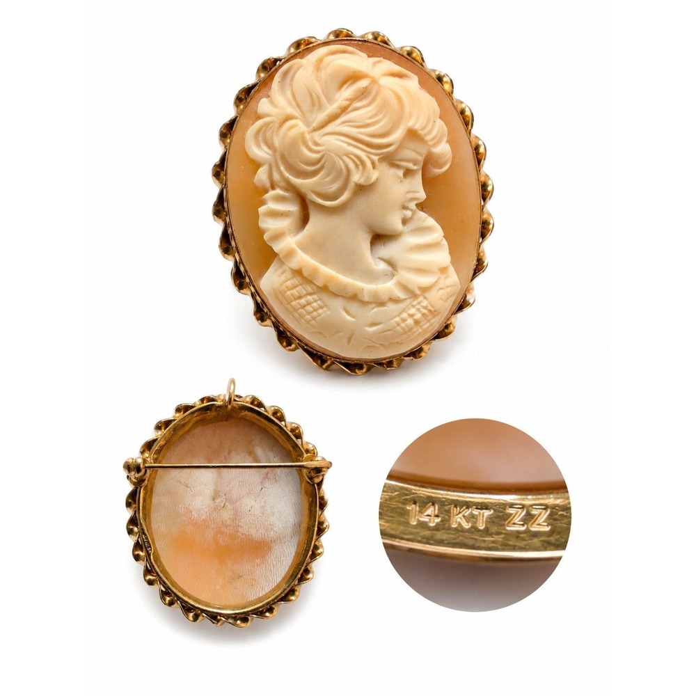 Vintage 14K Yellow Gold Shell Cameo Brooch Pendant Victorian Style Estate ZZ